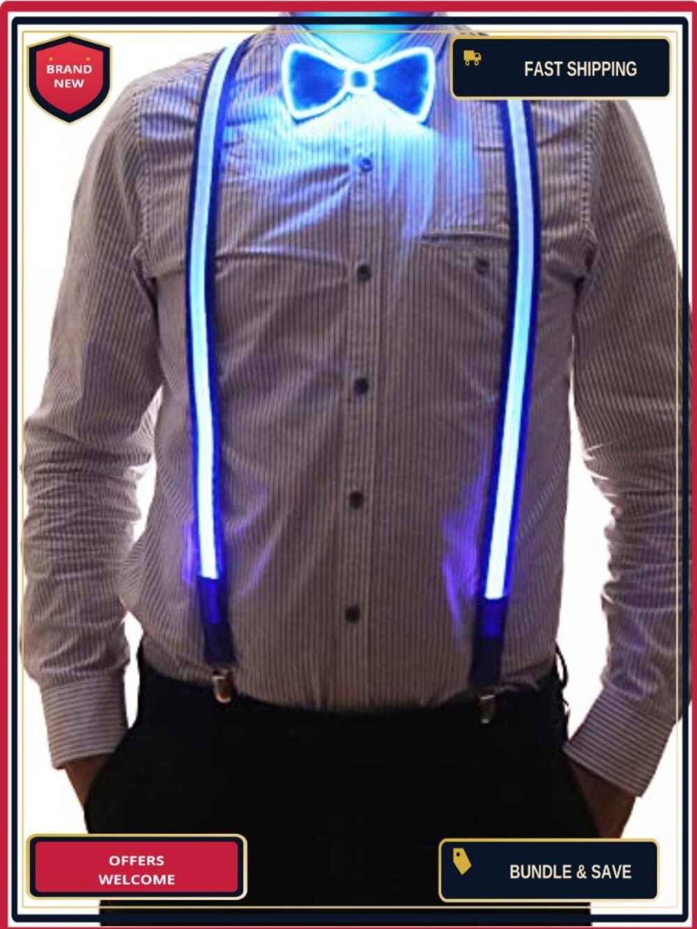Men's LED Light Up Suspenders and Bow Tie Set Music Festival Party Costume